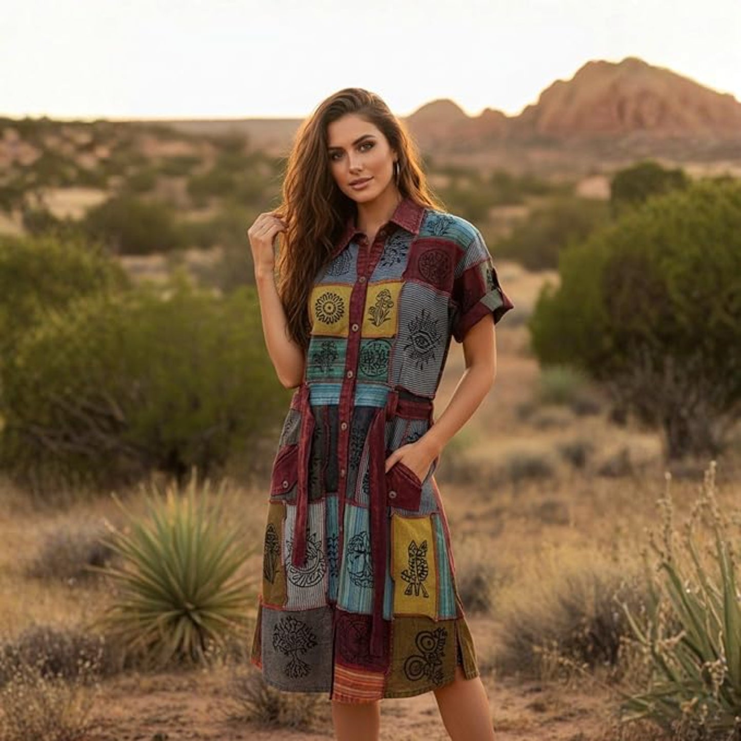 Women’s Boho Patchwork Cotton Outfit Front Button Knee Length Belt Casual Summer Dress