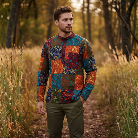 Mens Patchwork Grandad Hippie Shirt Mushroom Print Festival Clothes