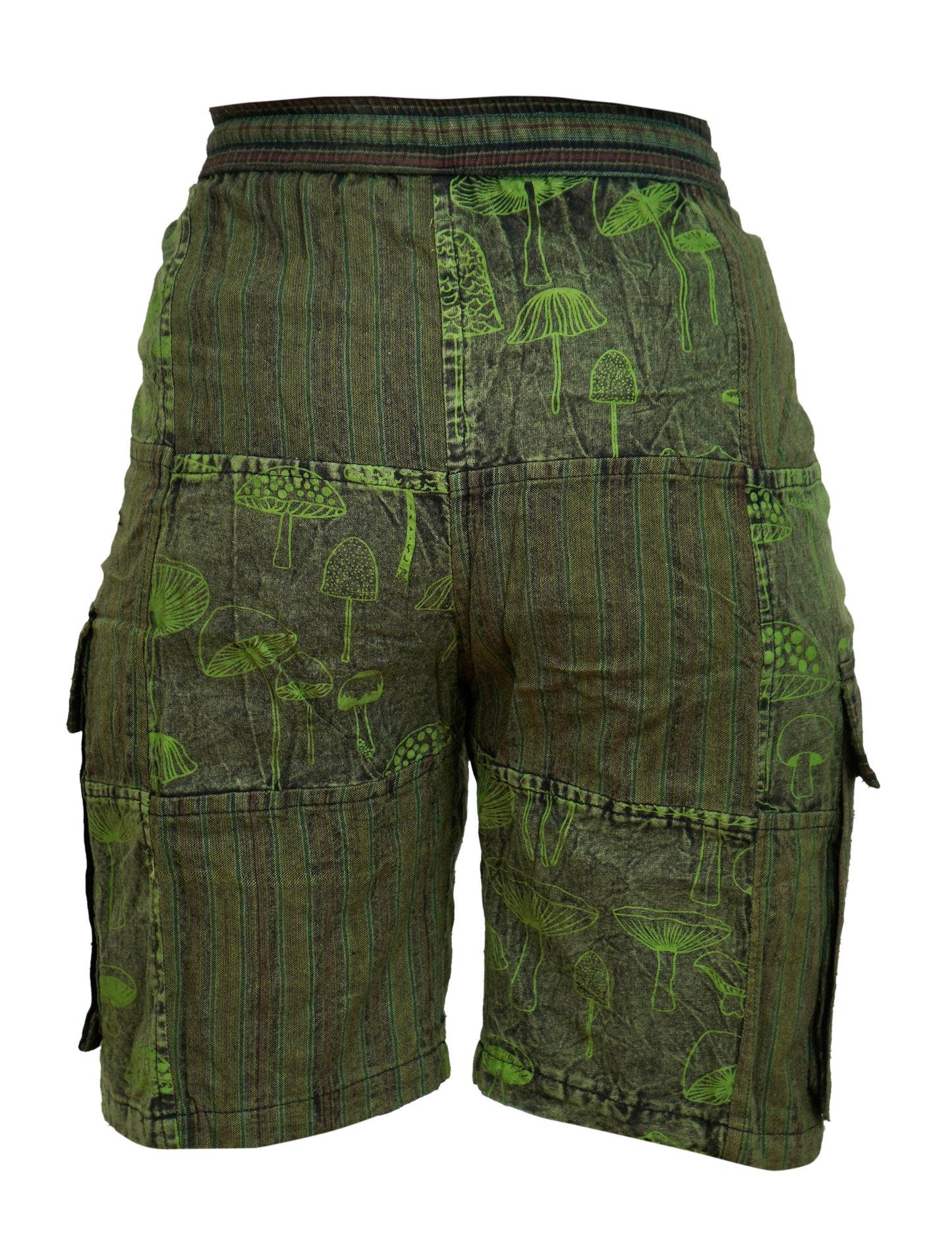 MENS PATCHWORK MUSHROOM PRINT HIPPIE BOHO CARGO SHORTS WITH POCKETS