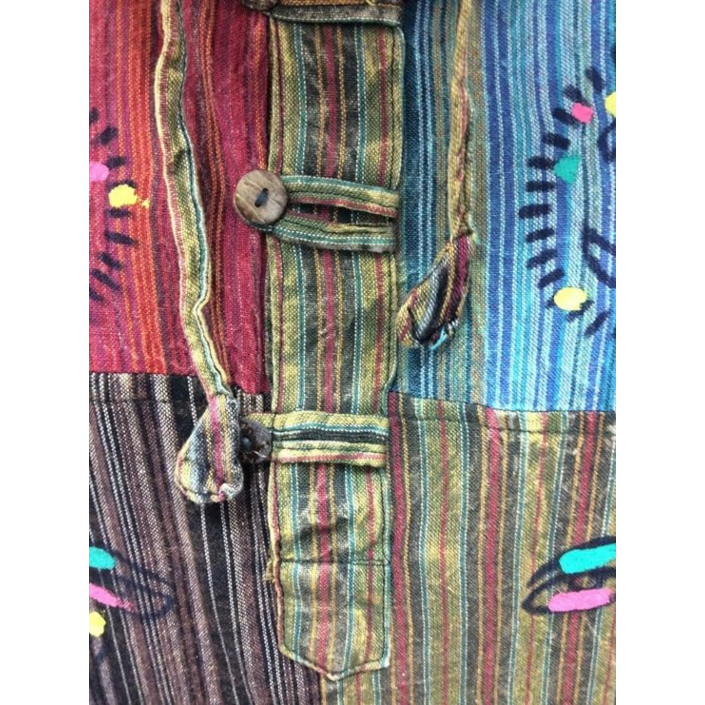 MEN STONEWASHED STRIPE PATCHWORK HIPPY HOODED GRANDAD SHIRT