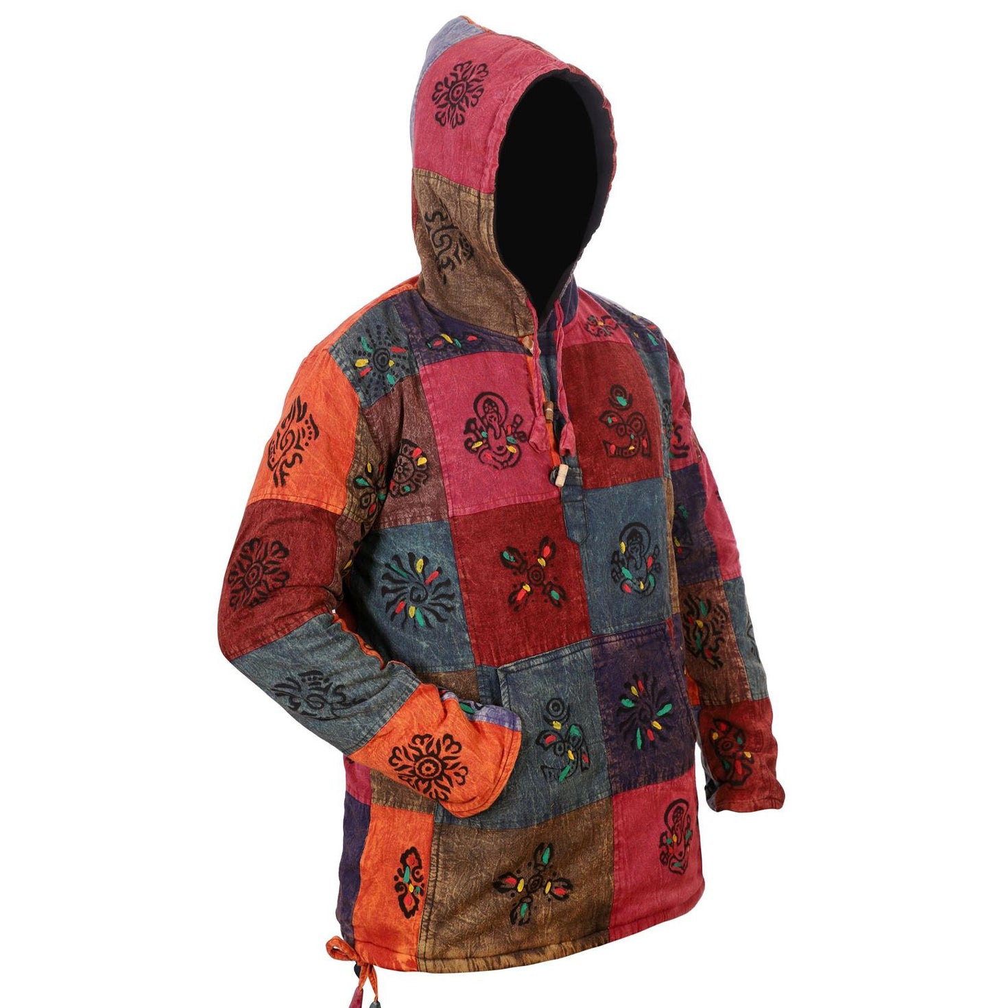 Men's Sun Symbol Patchwork Hooded Shirt