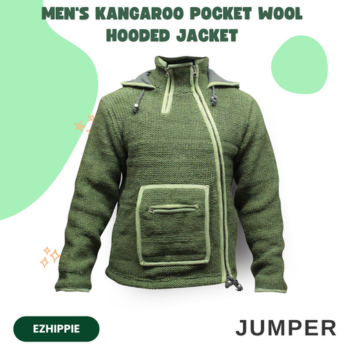 Ezhippie's Men's Kangaroo Pocket Wool Hooded Jumper
