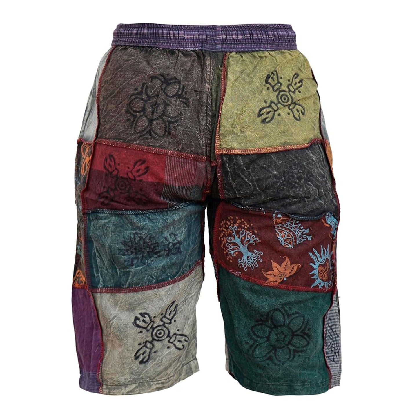 Mens Patchwork Elasticated Waist Boho Festival Pants Cotton Hippie Summer Shorts