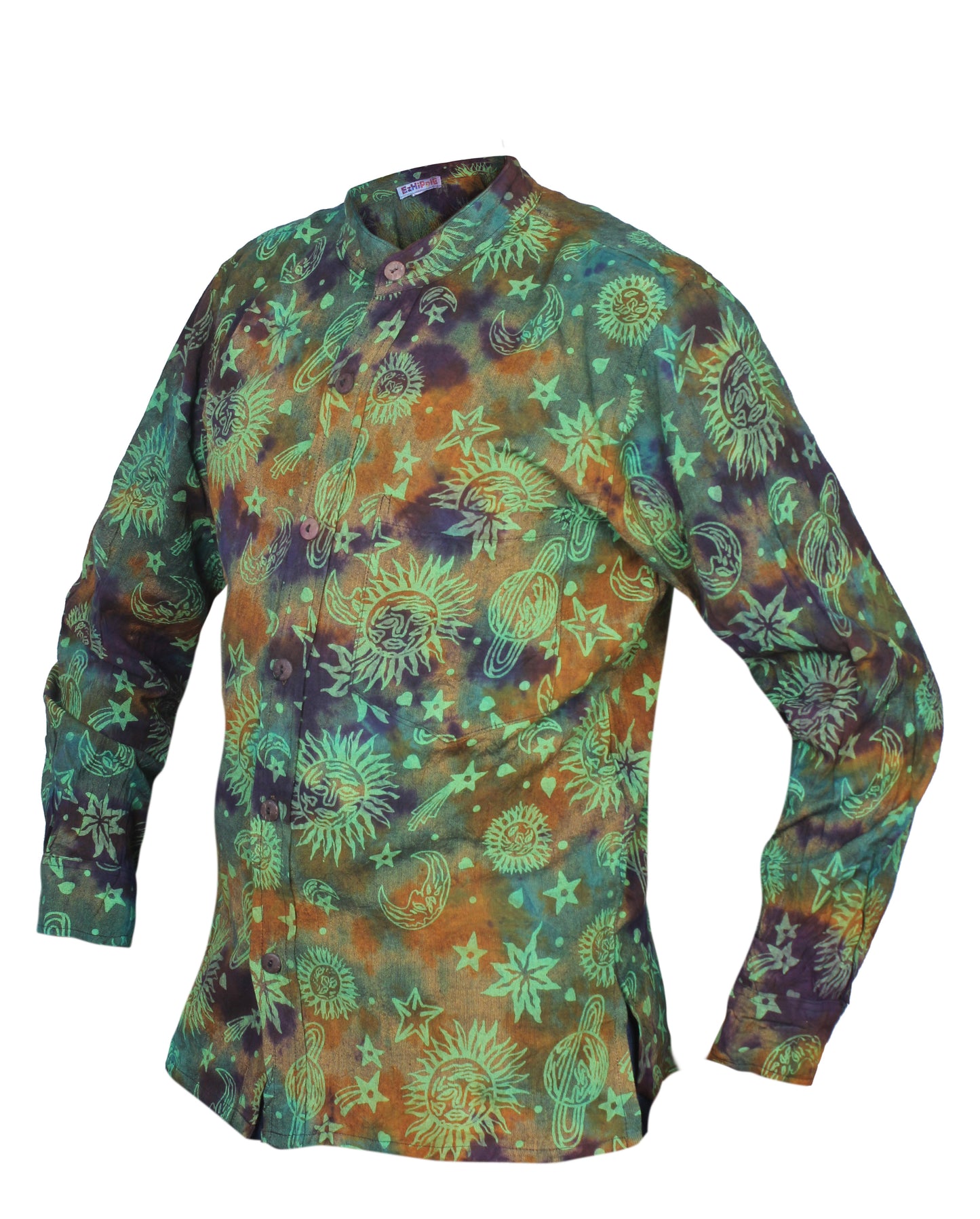Men's Space Tie Dye Henley Shirt, Hand Made Long Sleeve Collarless Casual Shirt