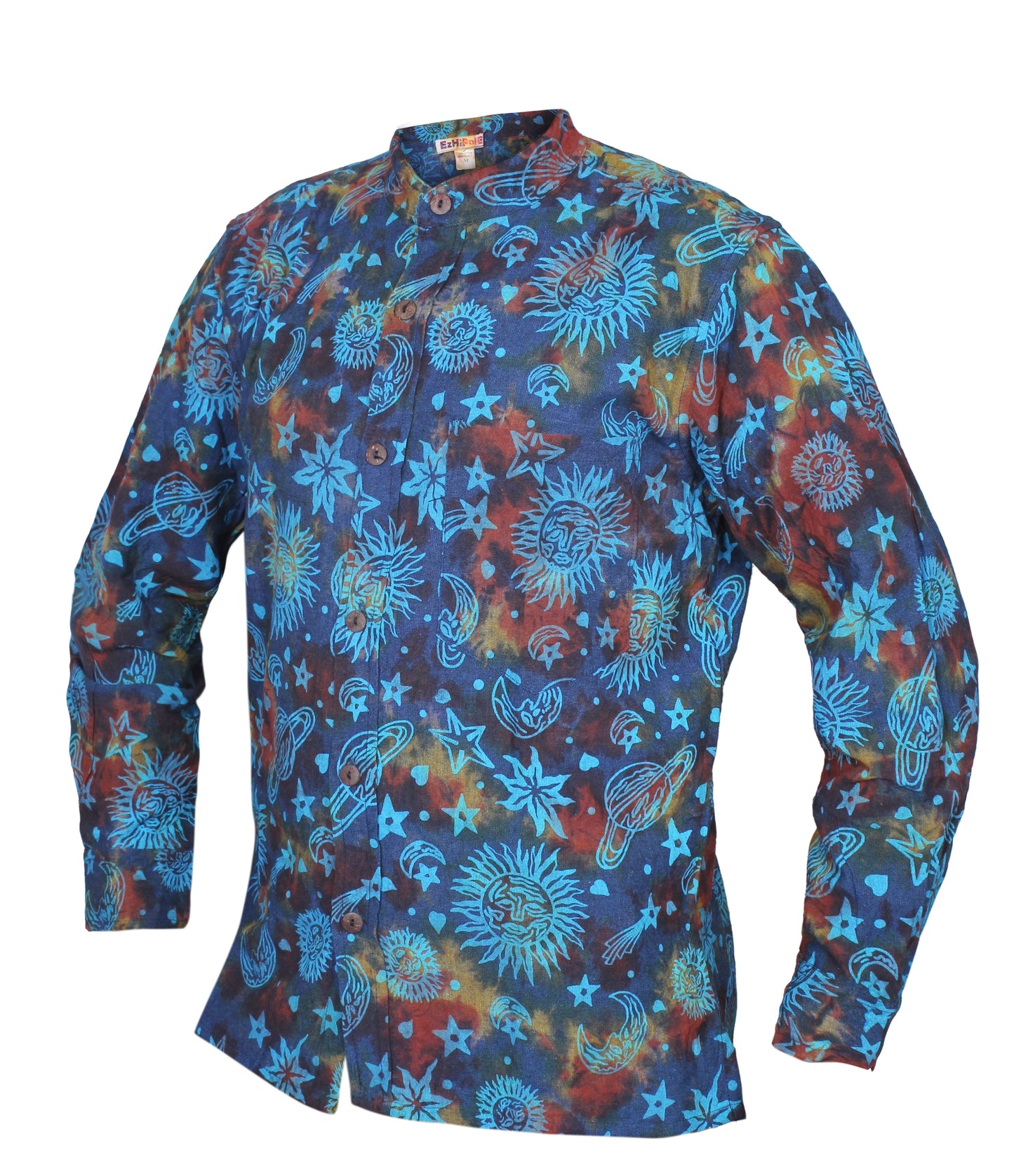 Men's Space Tie Dye Henley Shirt, Hand Made Long Sleeve Collarless Casual Shirt