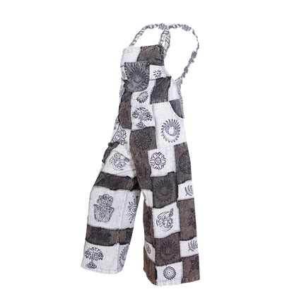 Women’s Cotton Patchwork Mushroom Flower Sun Tribal Print Hippie Summer Dungarees