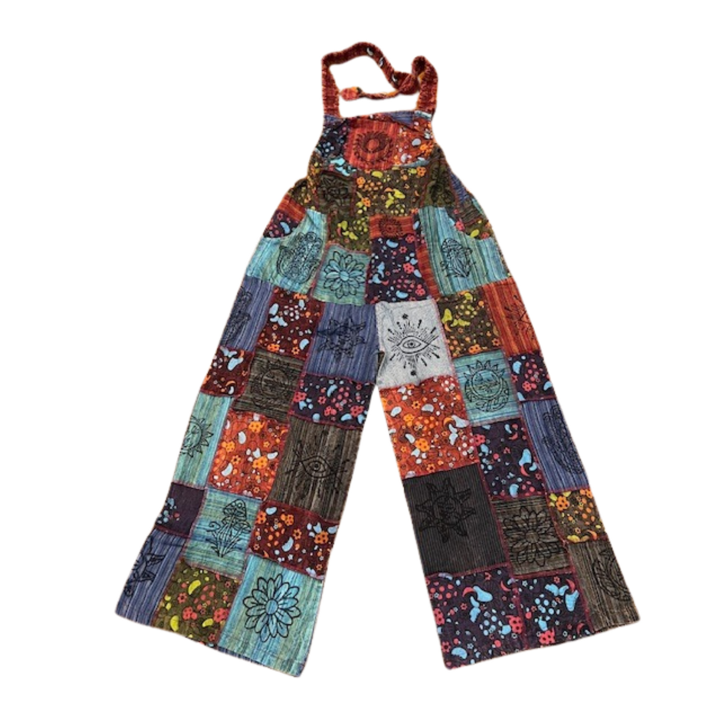 Women’s Cotton Patchwork Mushroom Flower Sun Tribal Print Hippie Summer Dungarees