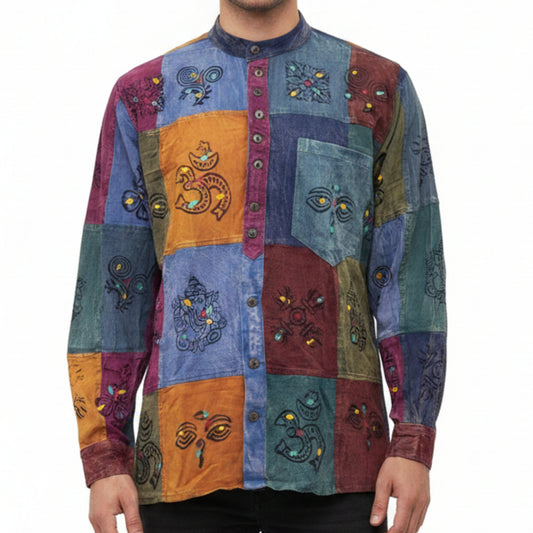 MEN HOLIDAY HIPSTER COLOURFUL TRADITIONAL PATCHWORK SHIRT
