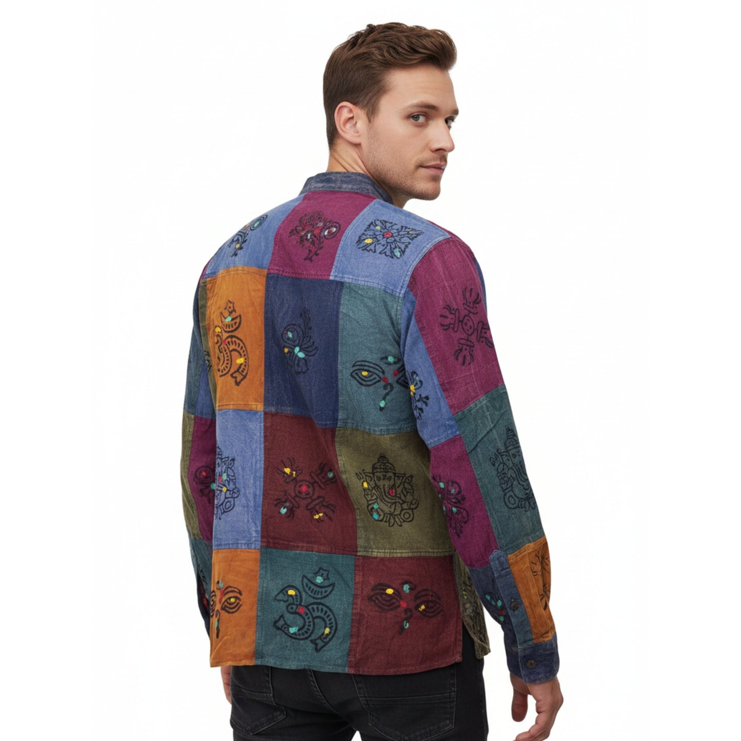 MEN HOLIDAY HIPSTER COLOURFUL TRADITIONAL PATCHWORK SHIRT