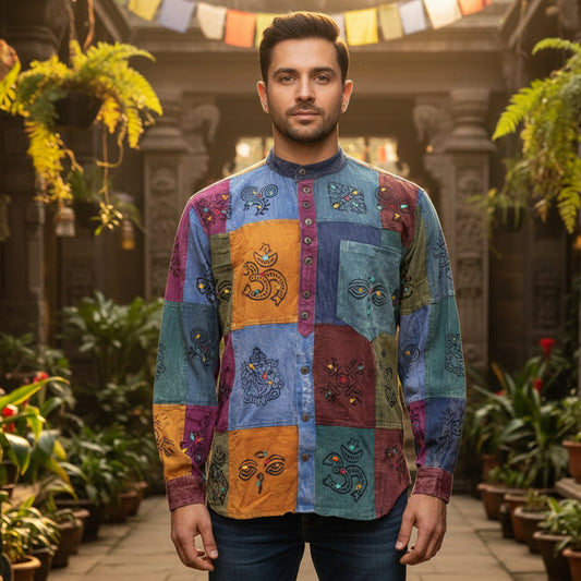 MEN HOLIDAY HIPSTER COLOURFUL TRADITIONAL PATCHWORK SHIRT