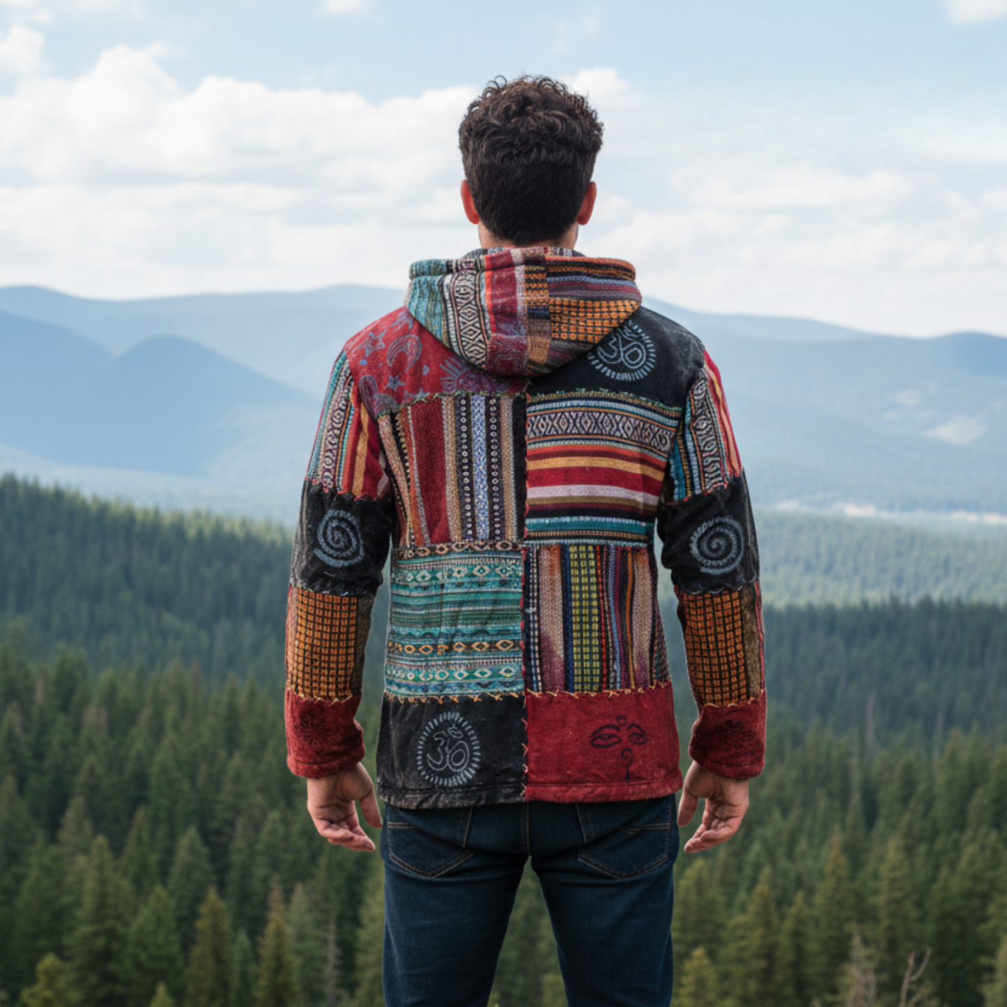Men's Cotton Patchwork Festival Hippie Hoodie Jacket