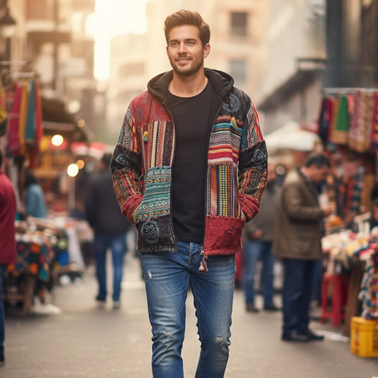 Men's Cotton Patchwork Festival Hippie Hoodie Jacket