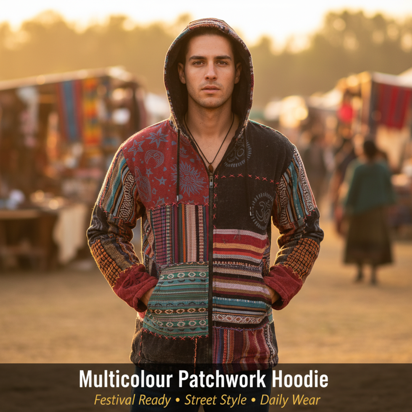 Men's Cotton Patchwork Festival Hippie Hoodie Jacket