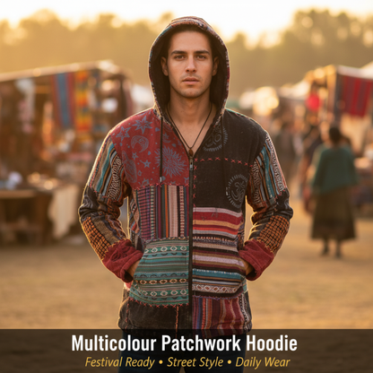 Men's Cotton Patchwork Festival Hippie Hoodie Jacket