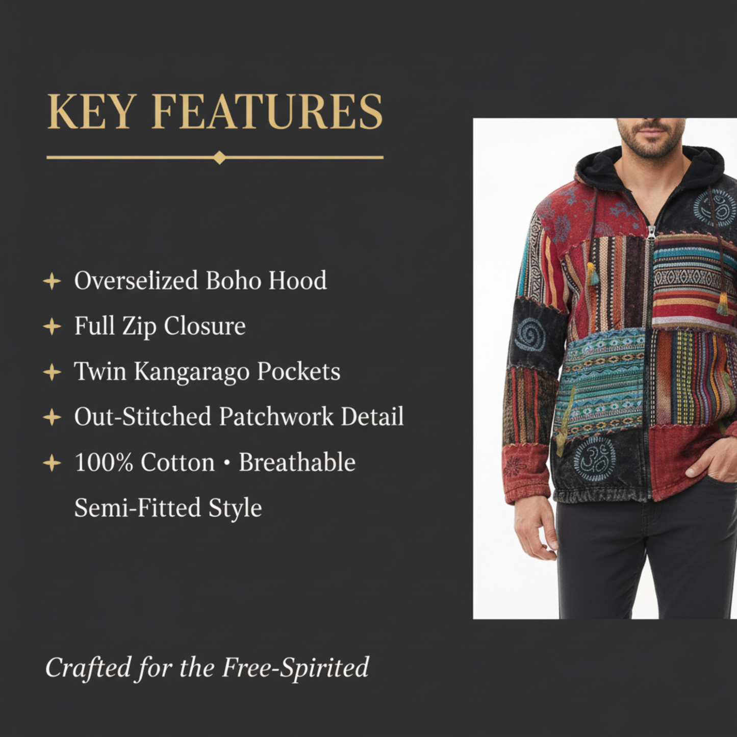 Men's Cotton Patchwork Festival Hippie Hoodie Jacket