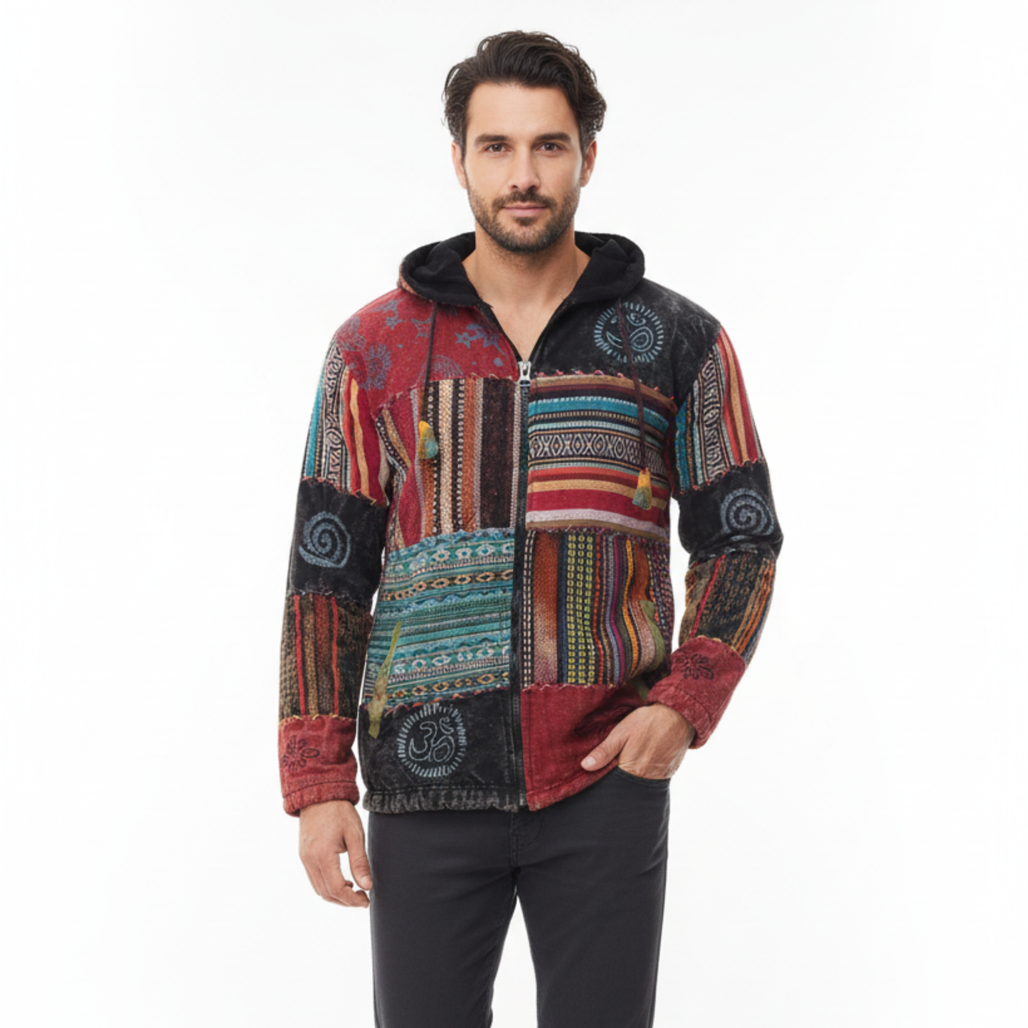 Men's Cotton Patchwork Festival Hippie Hoodie Jacket