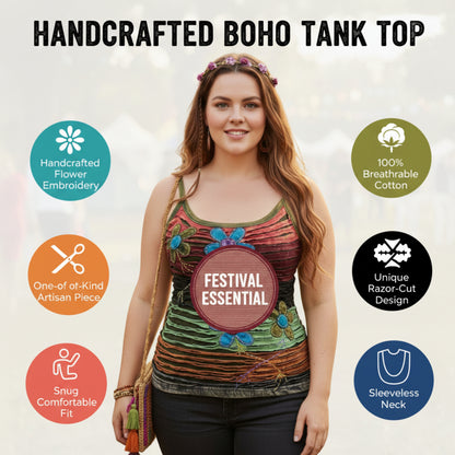WOMEN RAZOR CUT FLOWER EMBROIDERED HIPPIE TANK TOP