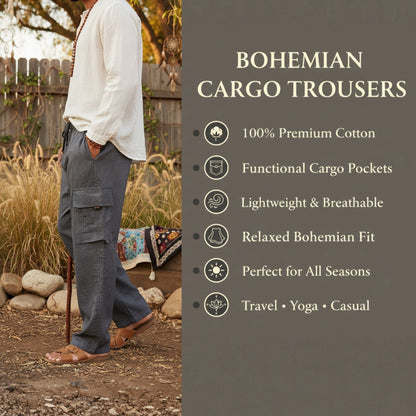 Mens Plain Boho Cargo Pants Mid Rise Elastic Waist Cotton Summer Hippie Trousers