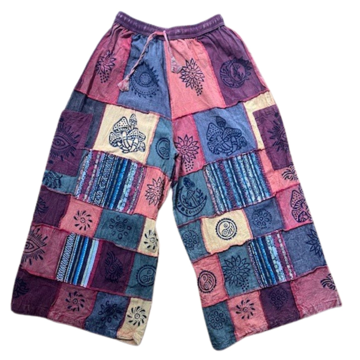 Women's Elastic Waist Boho Floral Patchwork Festival Hippy Cotton Wide Leg Trousers