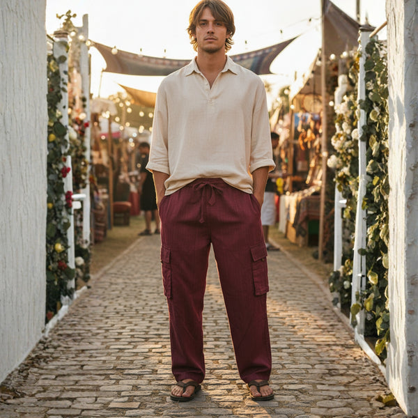 Mens Plain Boho Cargo Pants Mid Rise Elastic Waist Cotton Summer Hippie Trousers