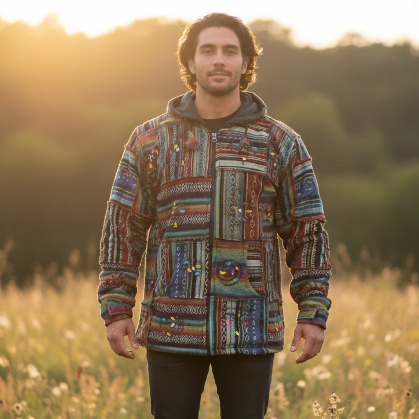 Men's Cotton Outstiched Hippie Hoodie Jacket