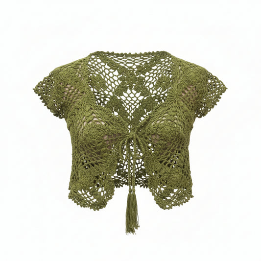 Women’s Cotton Boho Short Cap Sleeves V Neck Tie Front Summer Crop Top