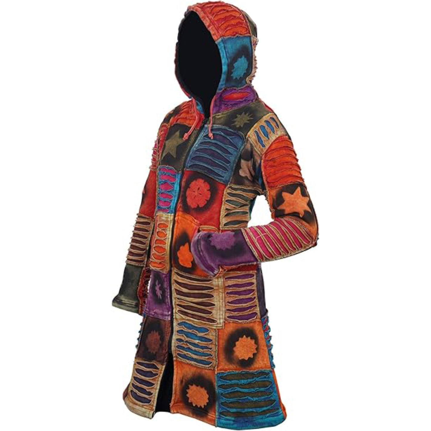 Women's Winter Coat Stencil Print Patchwork Full Zip Long Jacket