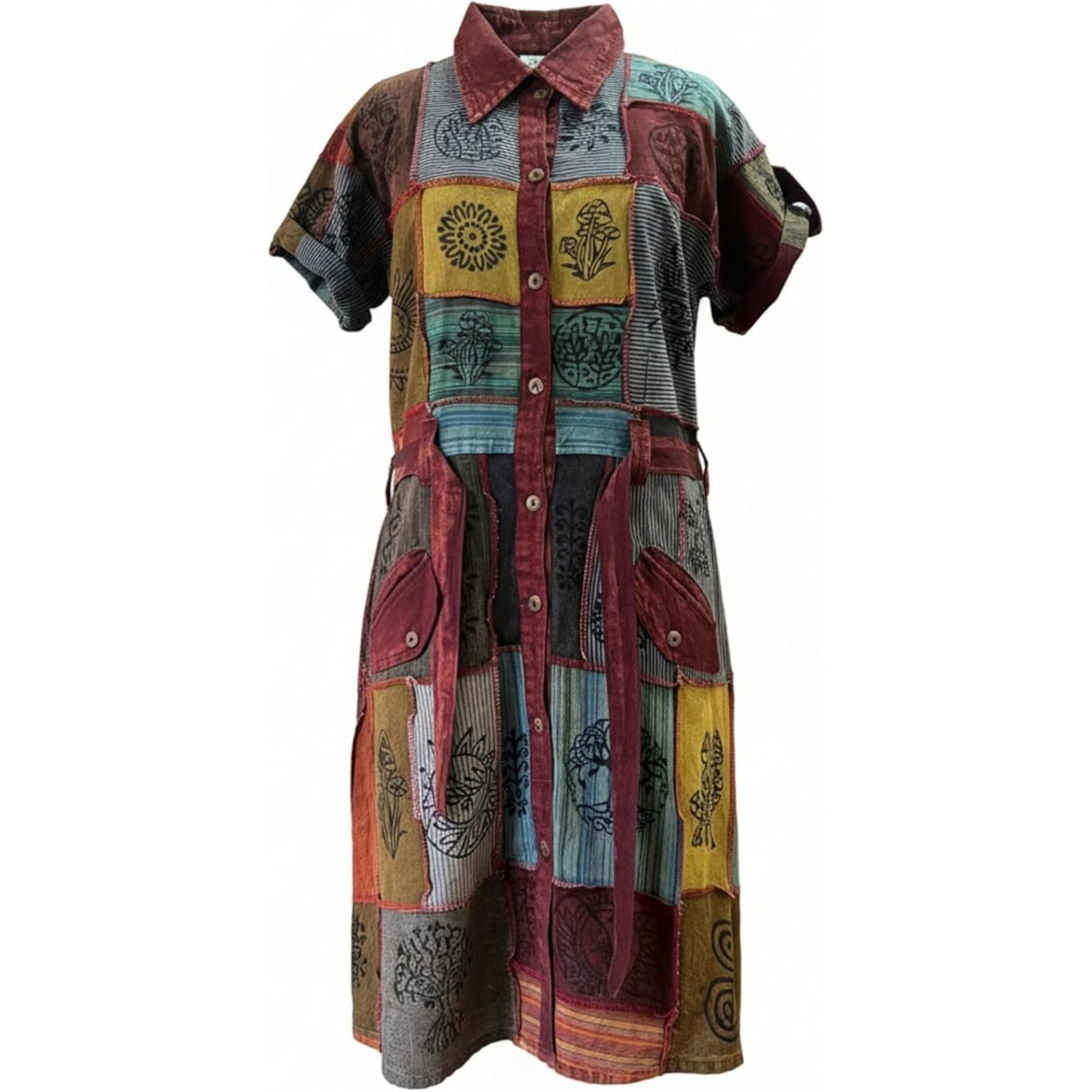 Women’s Boho Patchwork Cotton Outfit Front Button Knee Length Belt Casual Summer Dress