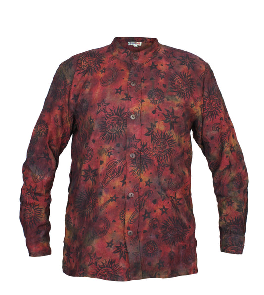 Men's Space Tie Dye Henley Shirt, Hand Made Long Sleeve Collarless Casual Shirt