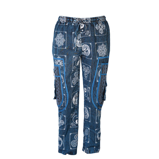 Mens Patchwork Elastic Waist Hippie Trousers Ethnic Motifs Printed Festival Cargo Pants