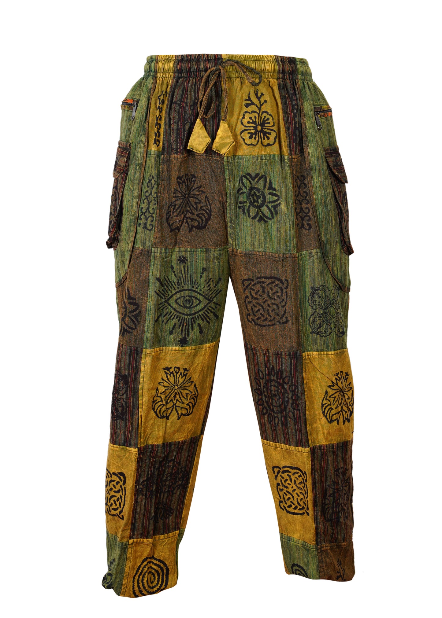 Mens Gothic Patchwork Cargo Trouser Stonewashed Bohemian Cotton Festival Hippy Pants