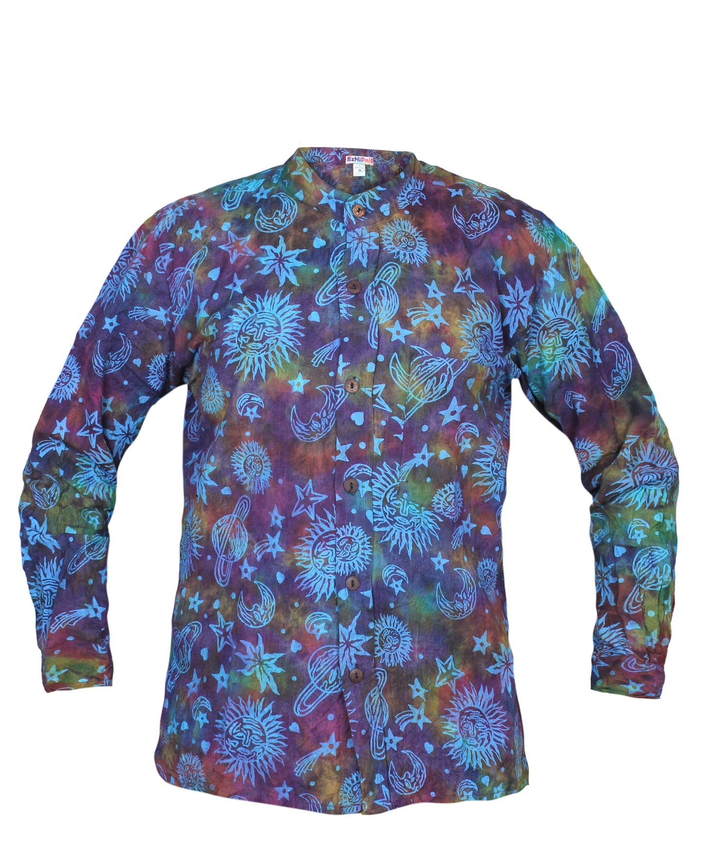 Men's Space Tie Dye Henley Shirt, Hand Made Long Sleeve Collarless Casual Shirt
