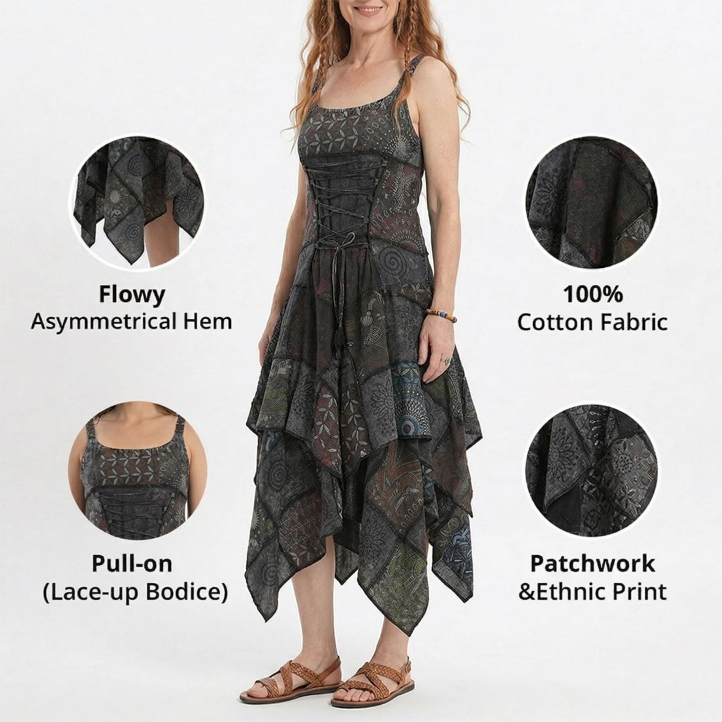 Women's Boho Patchwork Cotton Sleeveless Ethnic Hippy Flowy Festival Summer Dress