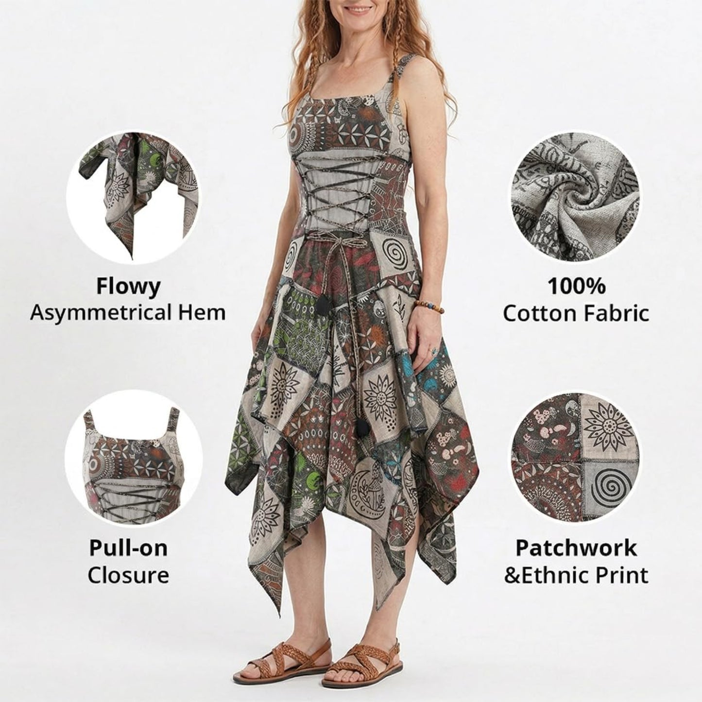 Women's Boho Patchwork Cotton Sleeveless Ethnic Hippy Flowy Festival Summer Dress