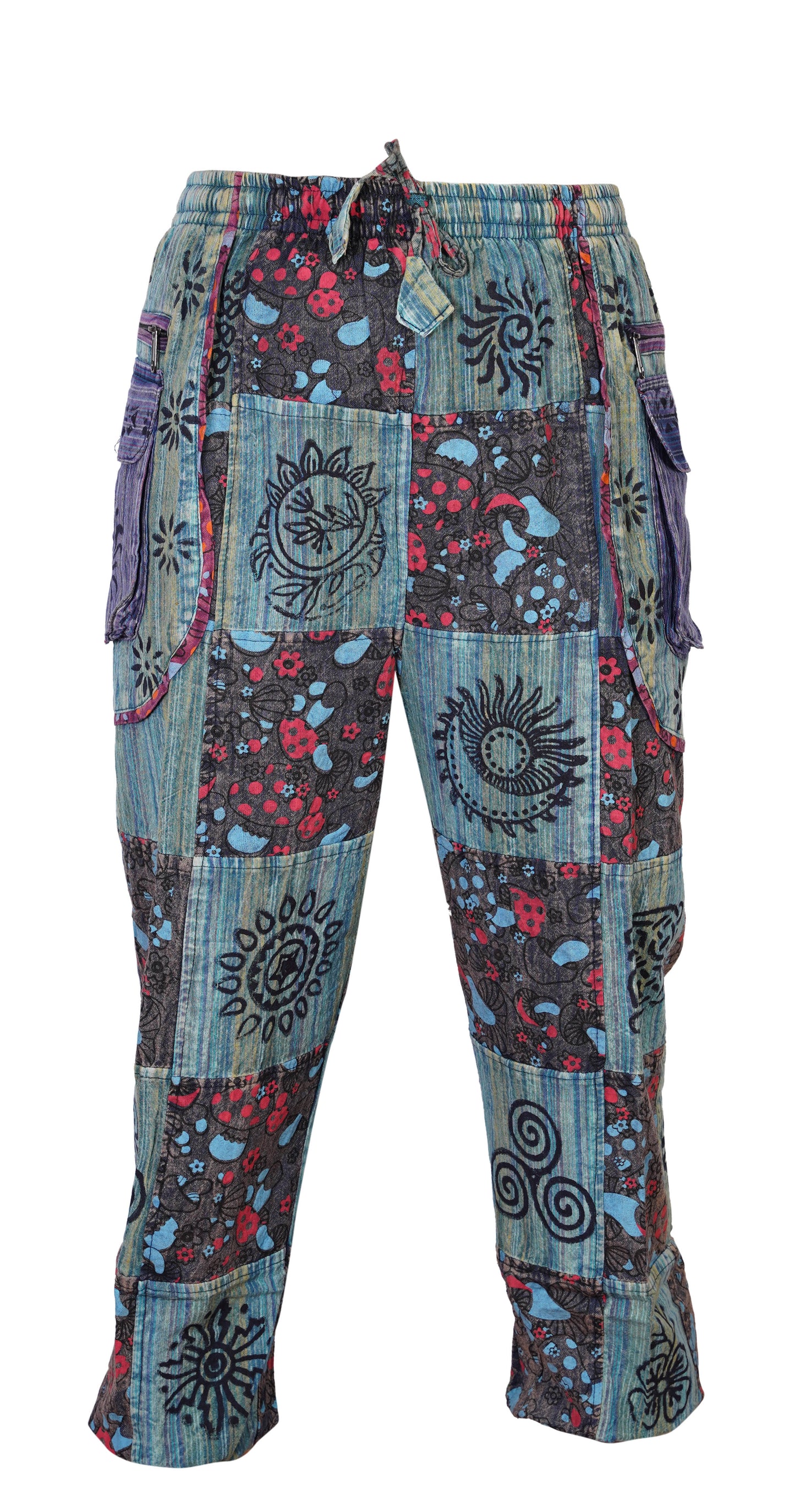 Mens Gothic Patchwork Cargo Trouser Stonewashed Bohemian Cotton Festival Hippy Pants