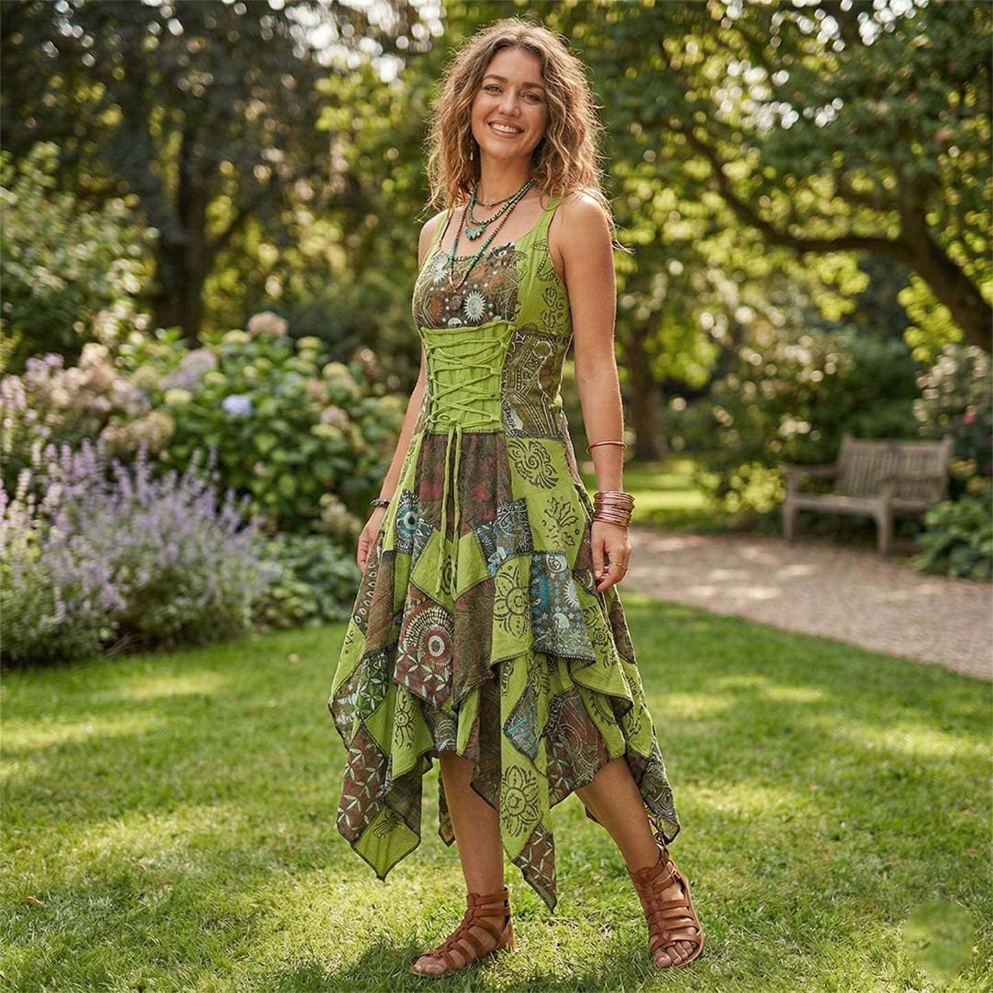 Women's Boho Patchwork Cotton Sleeveless Ethnic Hippy Flowy Festival Summer Dress