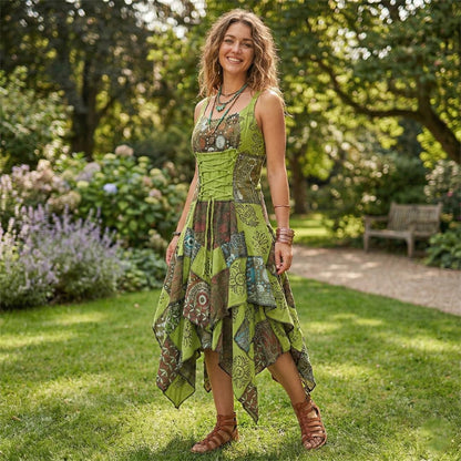 Women's Boho Patchwork Cotton Sleeveless Ethnic Hippy Flowy Festival Summer Dress