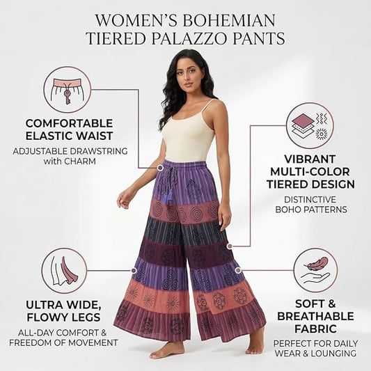 Women’s Cotton Boho Patchwork Elastic Waist Wide Drawstring Leg Palazzo Pants