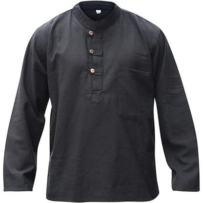 Mens Plain Hemp Band Collar Hippy Summer Light Tops Full Sleeve Grandad Shirt