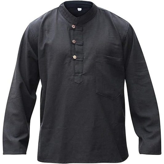 Mens Plain Hemp Band Collar Hippy Summer Light Tops Full Sleeve Grandad Shirt