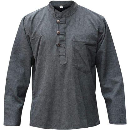 Mens Plain Hemp Band Collar Hippy Summer Light Tops Full Sleeve Grandad Shirt