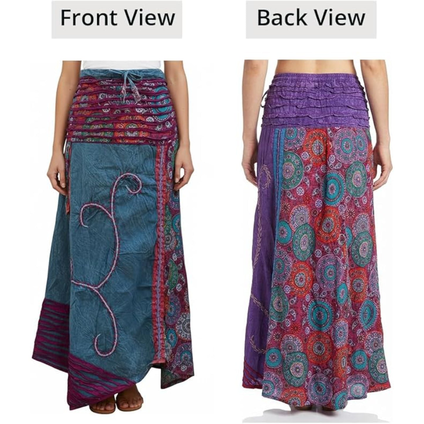 Women's Floral Embroidered Elasticated Waist Hippie Cotton Festival Long Skirt