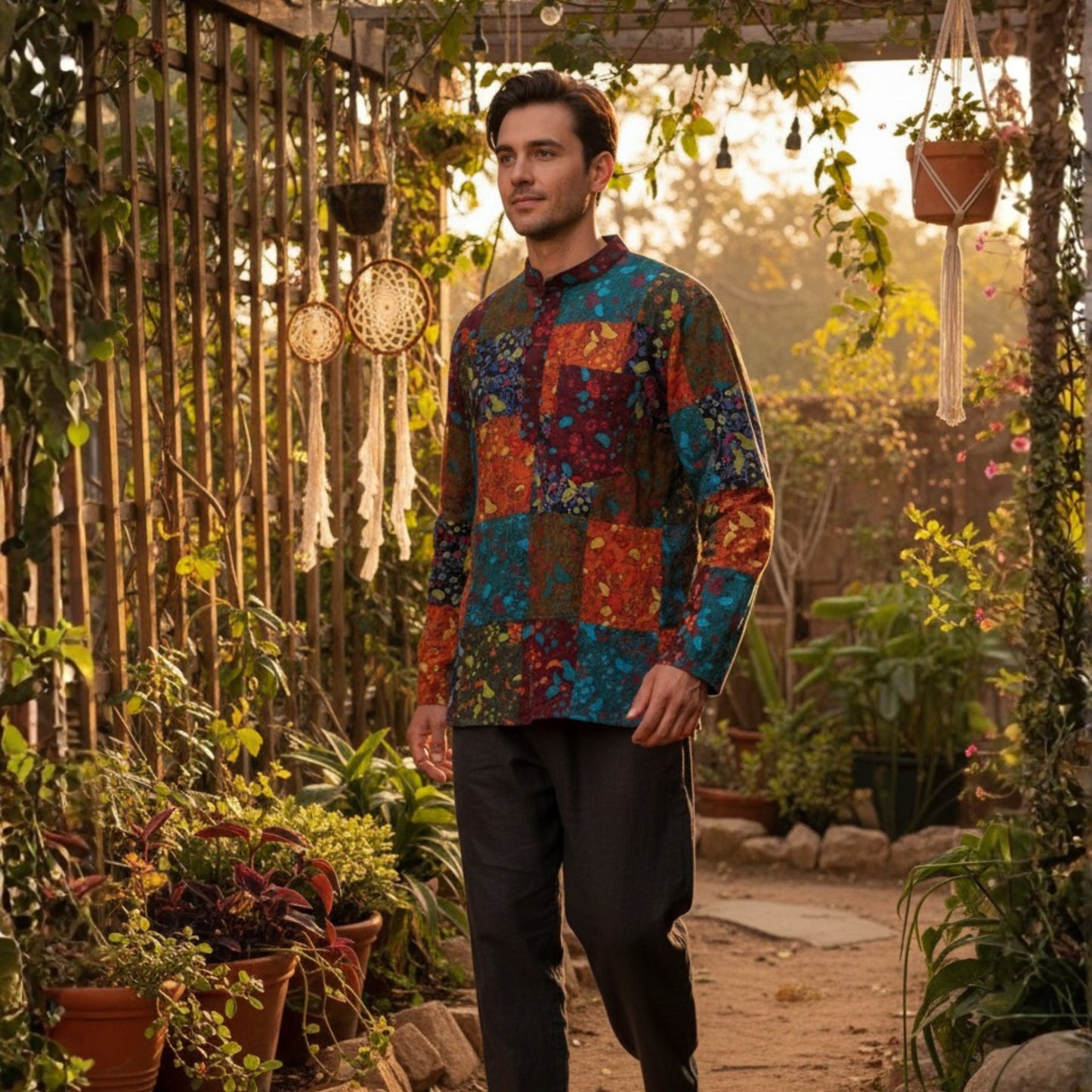 Mens Patchwork Grandad Hippie Shirt Mushroom Print Festival Clothes