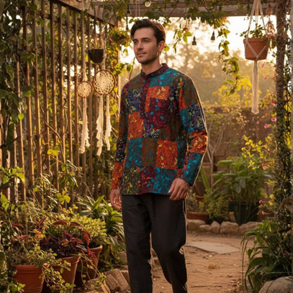 Mens Patchwork Grandad Hippie Shirt Mushroom Print Festival Clothes