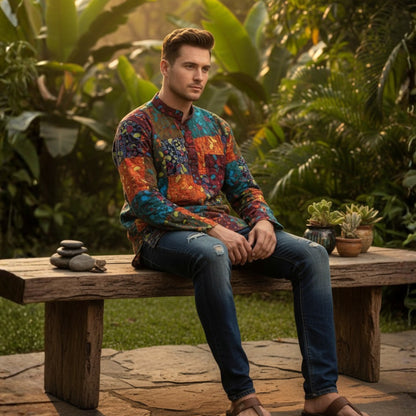 Mens Patchwork Grandad Hippie Shirt Mushroom Print Festival Clothes