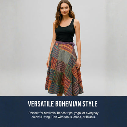 Women Wrap Round Hippie Festival Solid Patchwork Boho Multicoloured Long Skirt