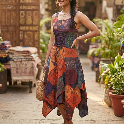 Women's Boho Patchwork Cotton Sleeveless Ethnic Hippy Flowy Festival Summer Dress