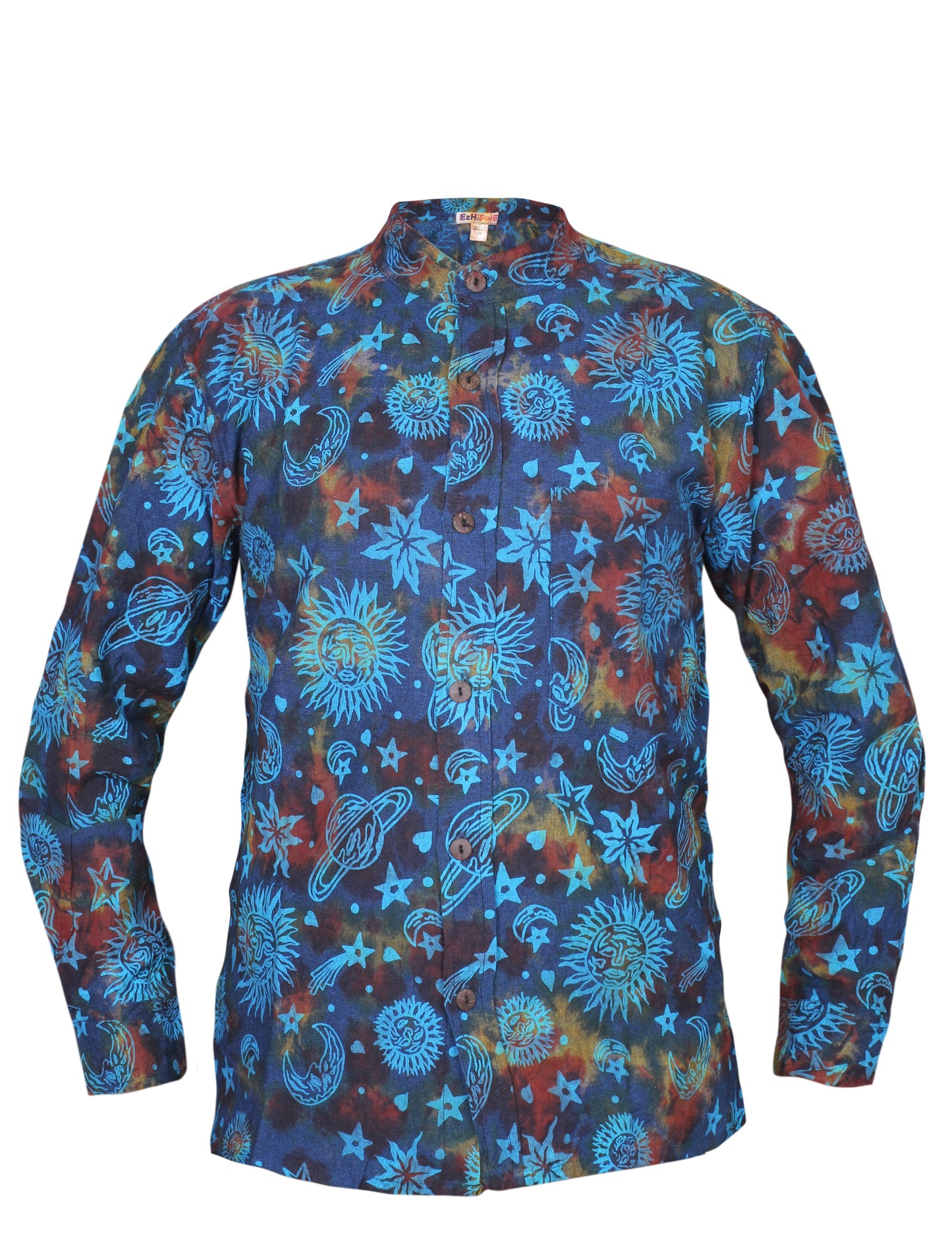 Men's Space Tie Dye Henley Shirt, Hand Made Long Sleeve Collarless Casual Shirt