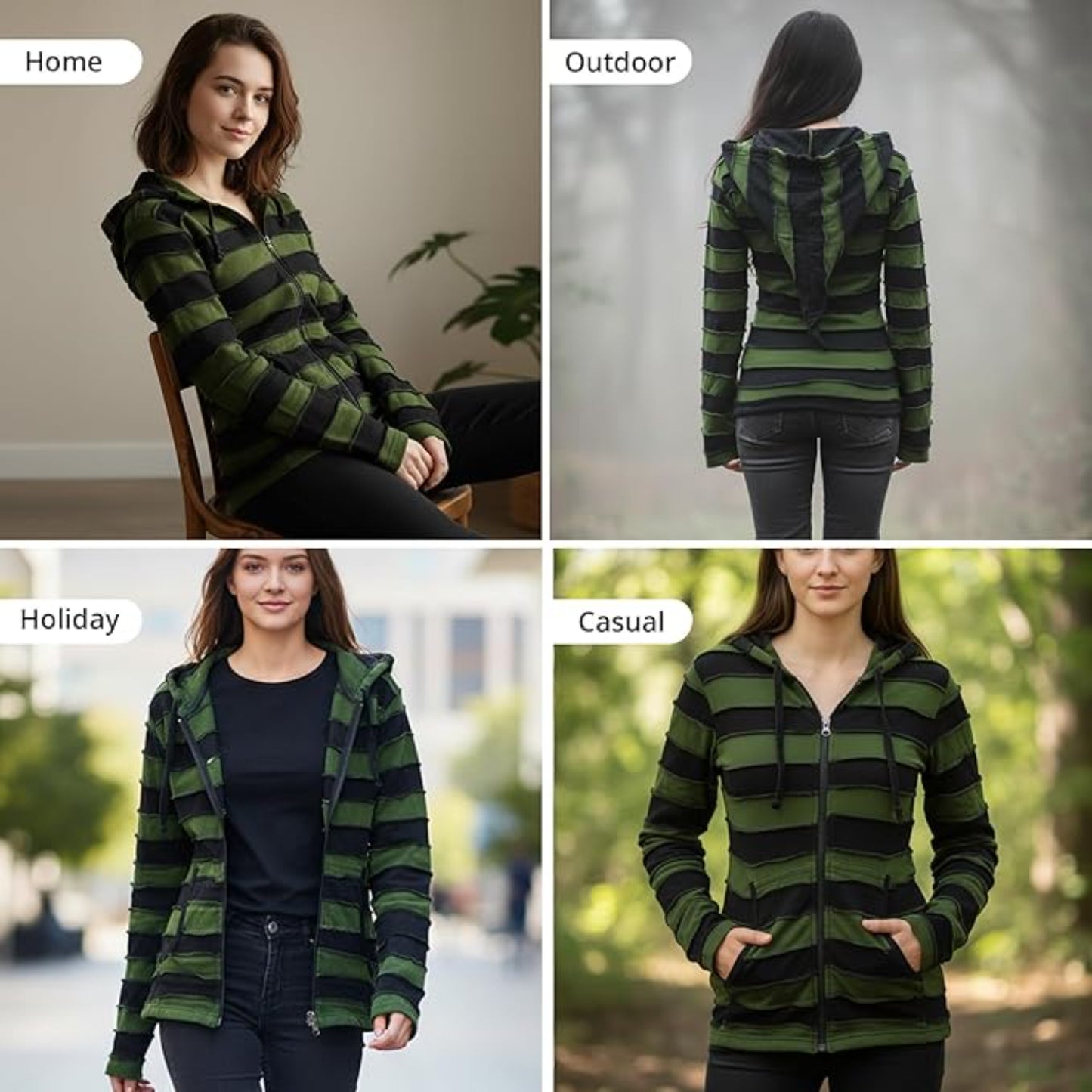 Women's Embroidered Stripe Jacket Hippie Cotton Ribbed Pixie Hoodie