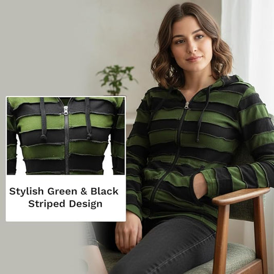 Women's Embroidered Stripe Jacket Hippie Cotton Ribbed Pixie Hoodie